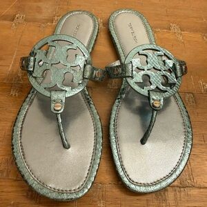 Tory Burch Metallic Teal Logo Thong Sandals